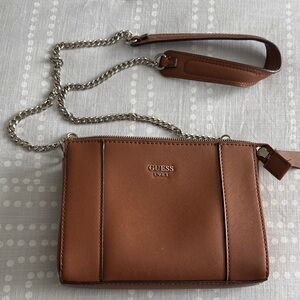 Guess Tan Leather-Look Crossbody with Silver Chain